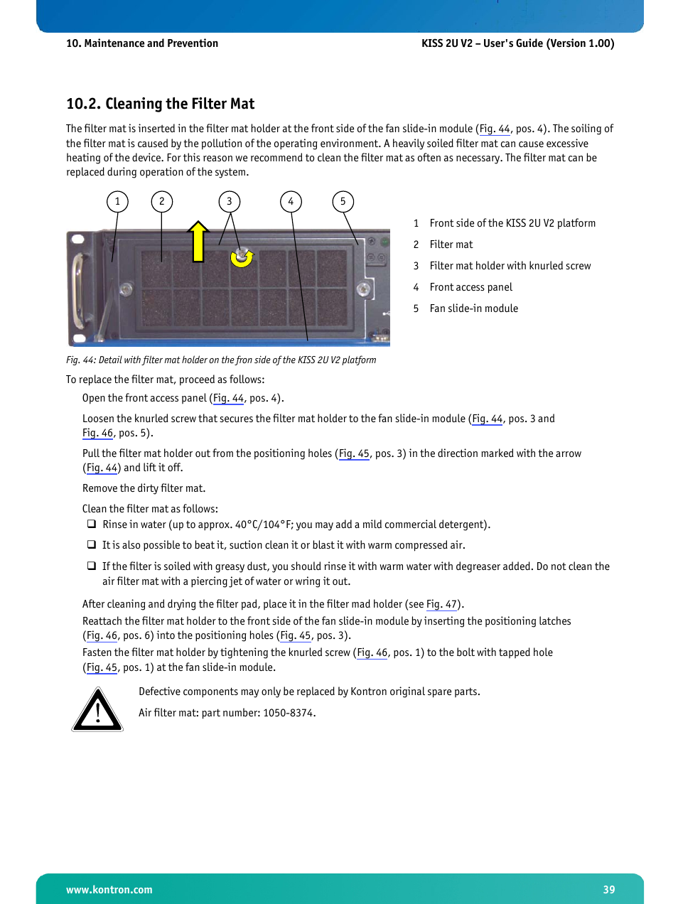 Cleaning the filter mat, 2 “cleaning the filter mat, 2 “cleaning the filter mat”) | Section 10.2, Cleaning the filter mat” (step 7 and step 8) | Kontron KISS 2U X9SCM Low profile User Manual | Page 41 / 50