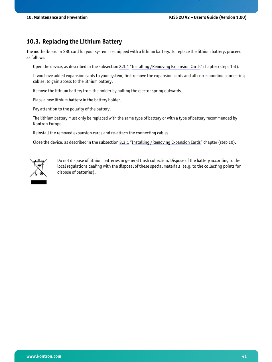 Replacing the lithium battery | Kontron KISS 2U X9SCM Low profile User Manual | Page 43 / 50