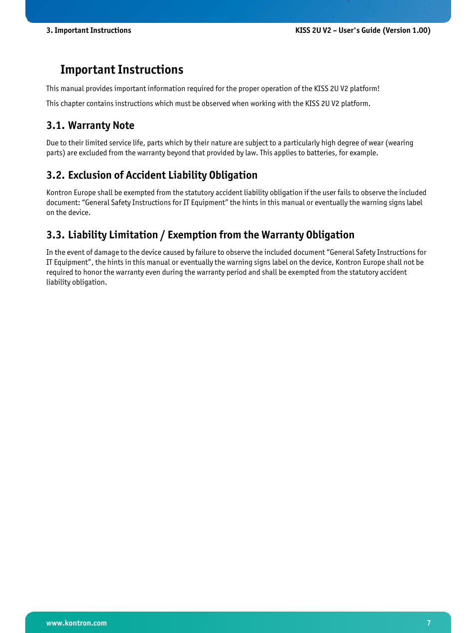Important instructions, Warranty note, Exclusion of accident liability obligation | Kontron KISS 2U X9SCM Low profile User Manual | Page 9 / 50