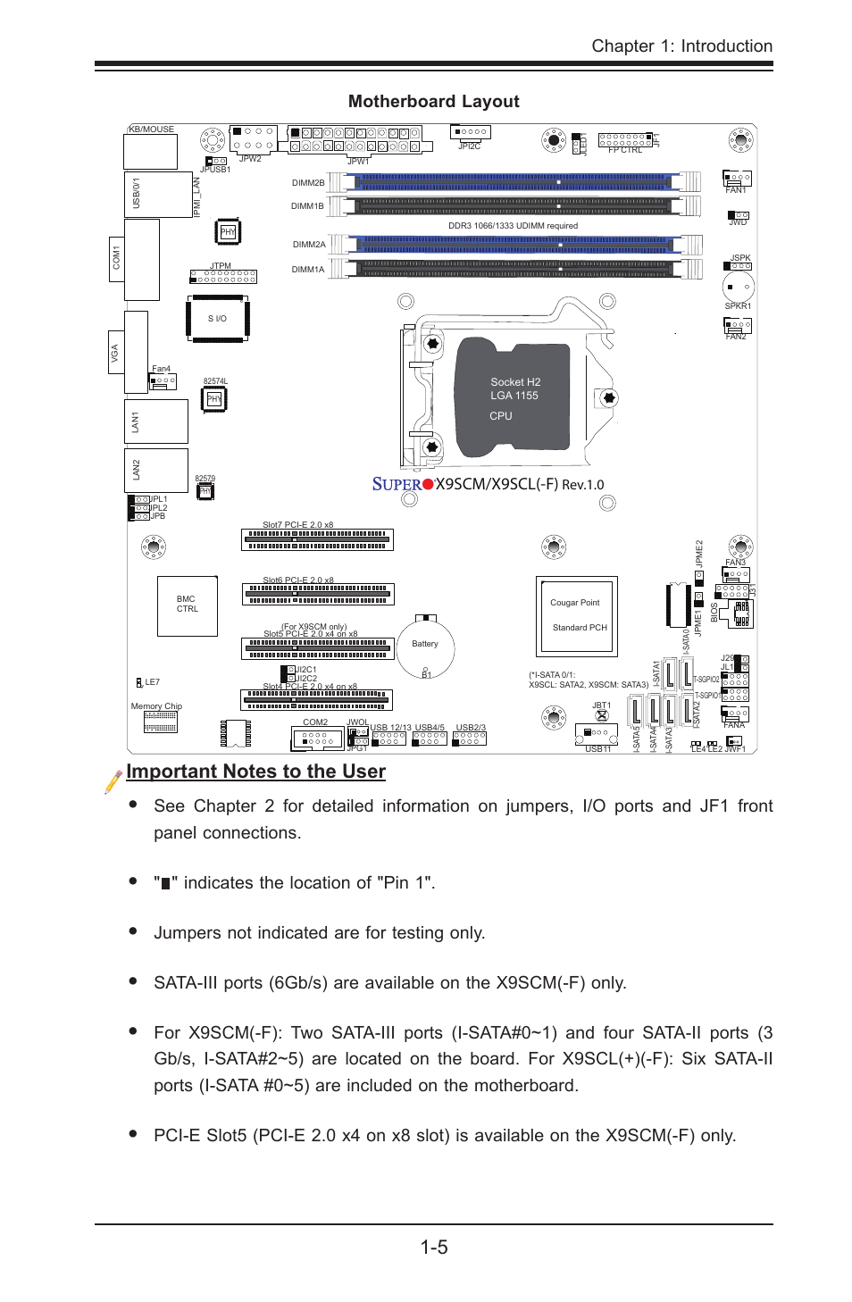 Chapter 1: introduction, Motherboard layout, Indicates the location of "pin 1 | Jumpers not indicated are for testing only, X9scm/x9scl(-f), Rev.1.0 | Kontron X9SCL+-F User Manual | Page 17 / 105