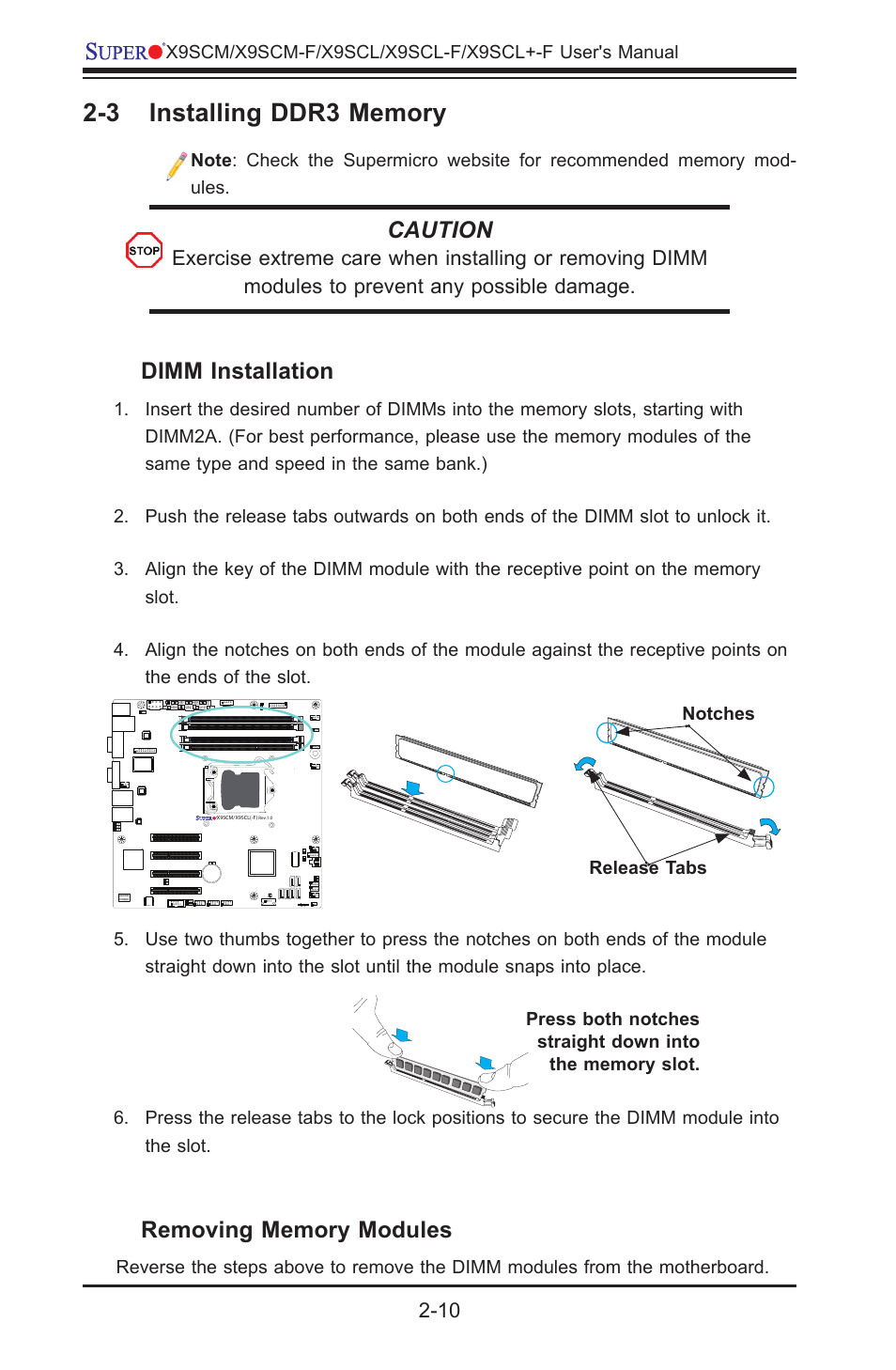 Caution, Dimm installation | Kontron X9SCL+-F User Manual | Page 36 / 105