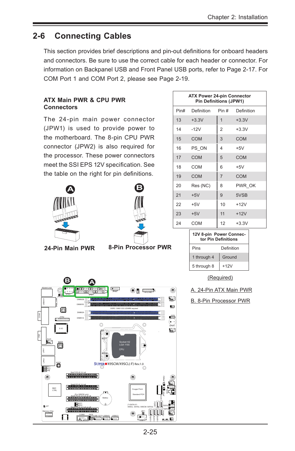 6 connecting cables, Chapter 2: installation, Pin main pwr | A. 24-pin atx main pwr b. 8-pin processor pwr a b, Required) | Kontron X9SCL+-F User Manual | Page 51 / 105