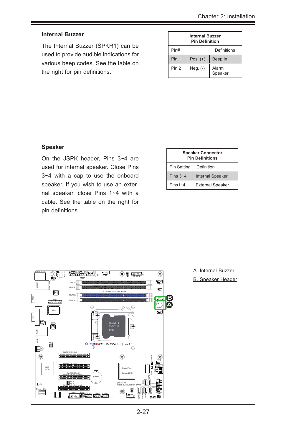 Chapter 2: installation, A. internal buzzer b. speaker header, X9scm/x9scl(-f) | Kontron X9SCL+-F User Manual | Page 53 / 105