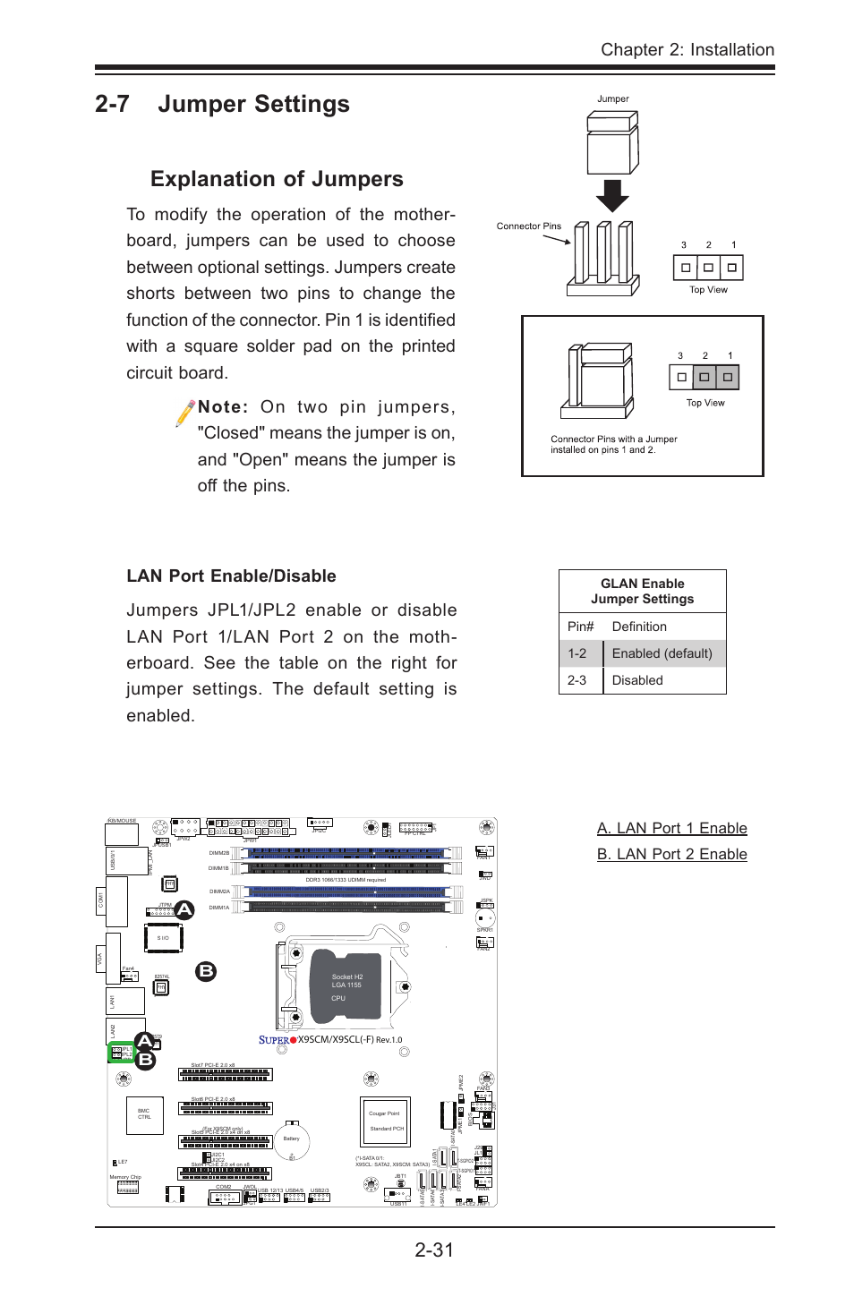 7 jumper settings, Explanation of jumpers, Chapter 2: installation | A. lan port 1 enable b. lan port 2 enable, Ab a b, X9scm/x9scl(-f) | Kontron X9SCL+-F User Manual | Page 57 / 105