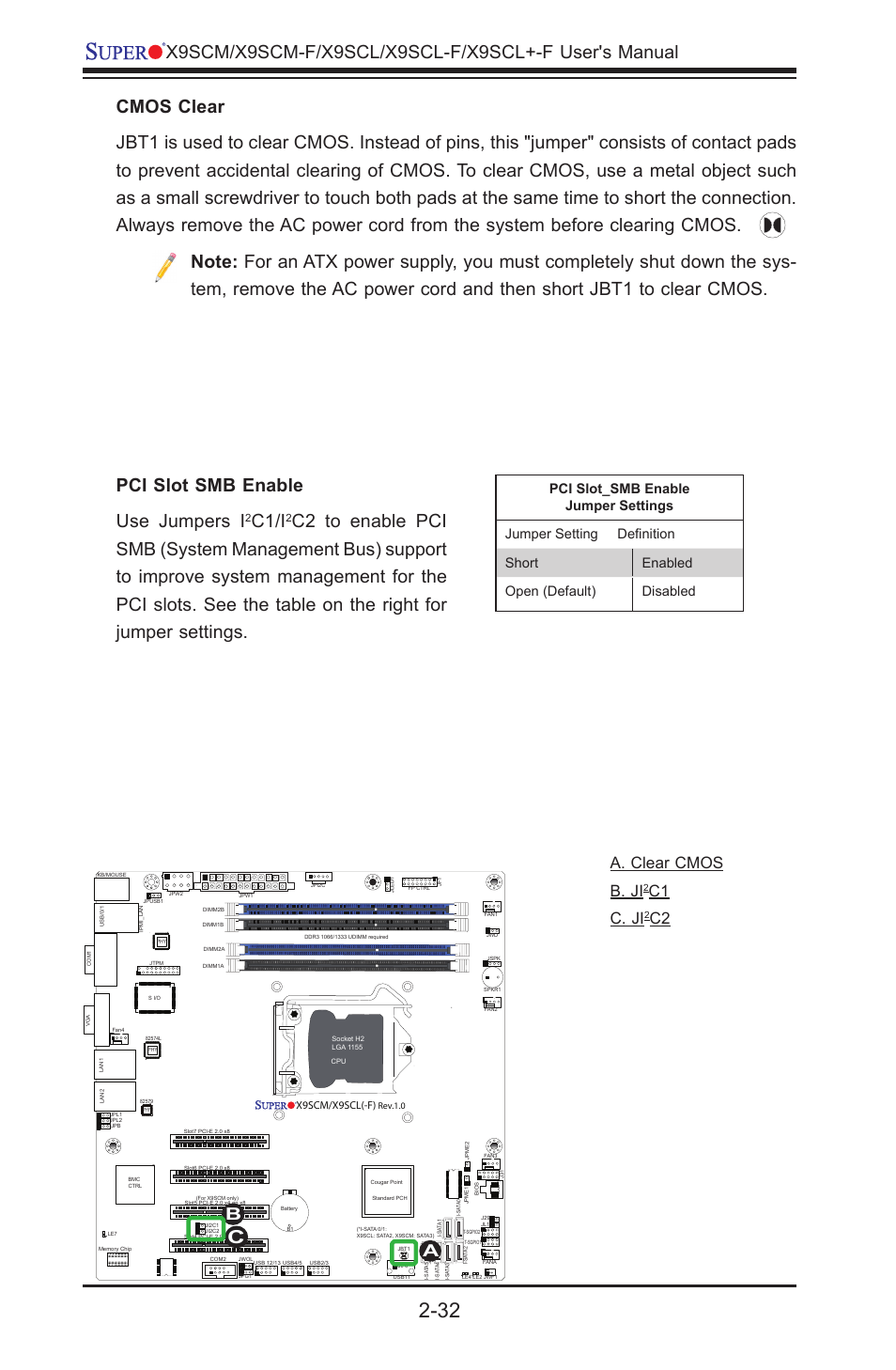 Pci slot smb enable use jumpers i, C1/i, Aa. clear cmos b. ji | C1 c. ji, C2 b | Kontron X9SCL+-F User Manual | Page 58 / 105