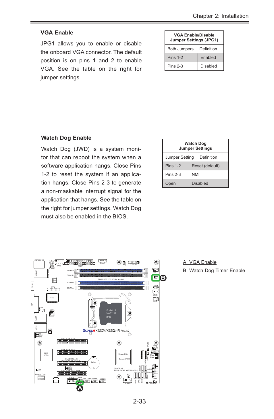 Chapter 2: installation, Ba a. vga enable b. watch dog timer enable, X9scm/x9scl(-f) | Kontron X9SCL+-F User Manual | Page 59 / 105