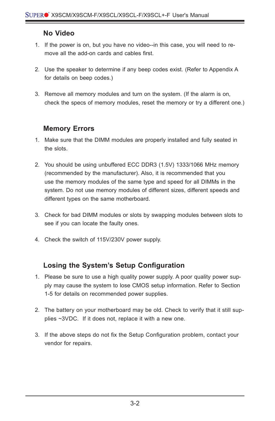 No video, Losing the system’s setup configuration | Kontron X9SCL+-F User Manual | Page 66 / 105