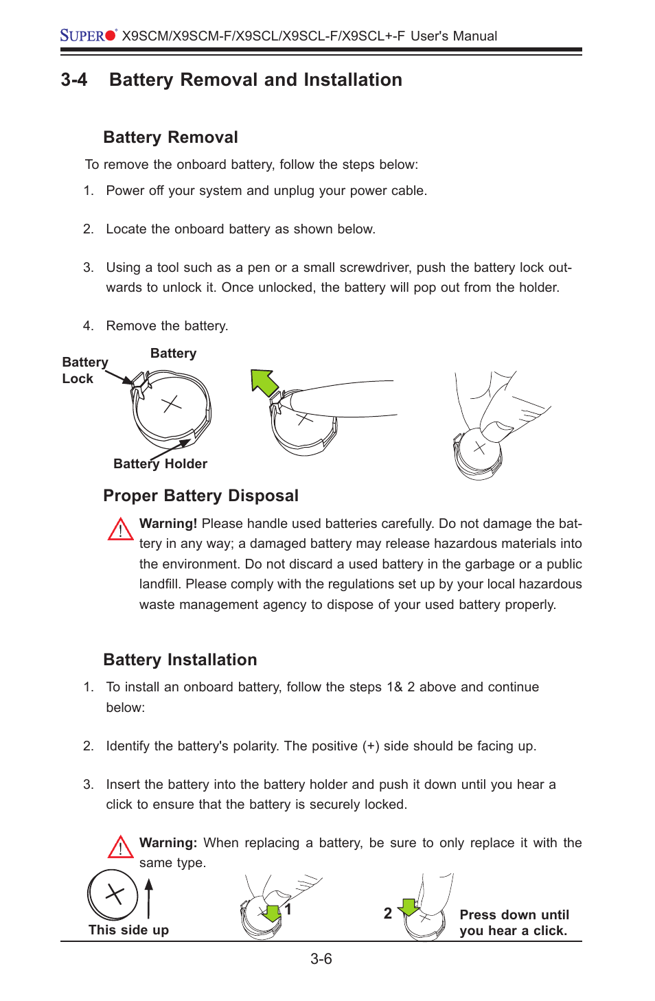 4 battery removal and installation, Proper battery disposal, Battery installation | Battery removal | Kontron X9SCL+-F User Manual | Page 70 / 105