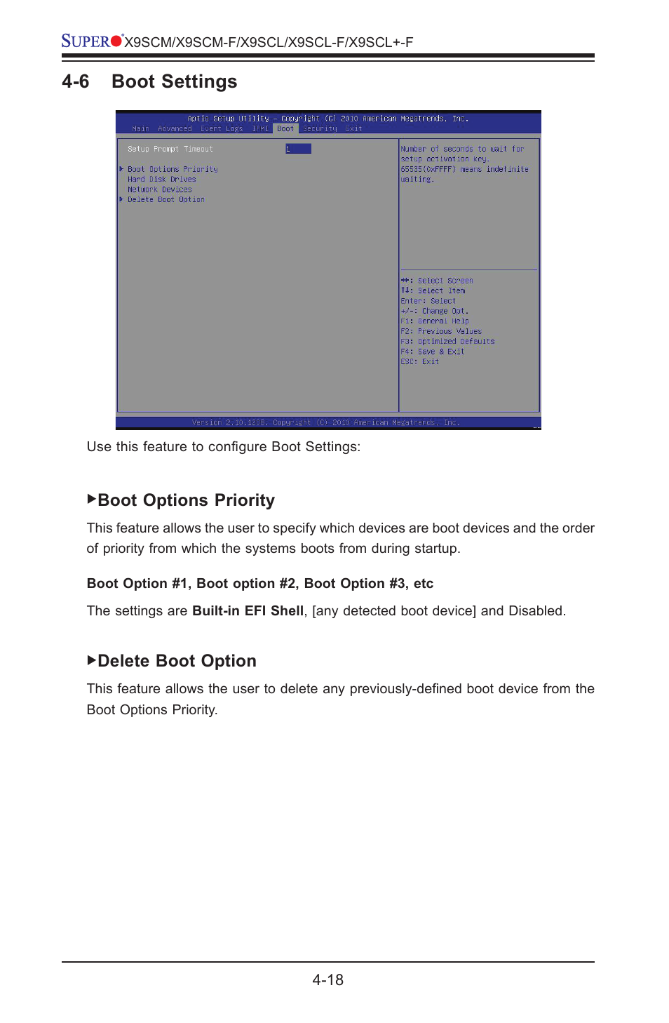 6 boot settings, Boot options priority, Delete boot option | Kontron X9SCL+-F User Manual | Page 90 / 105
