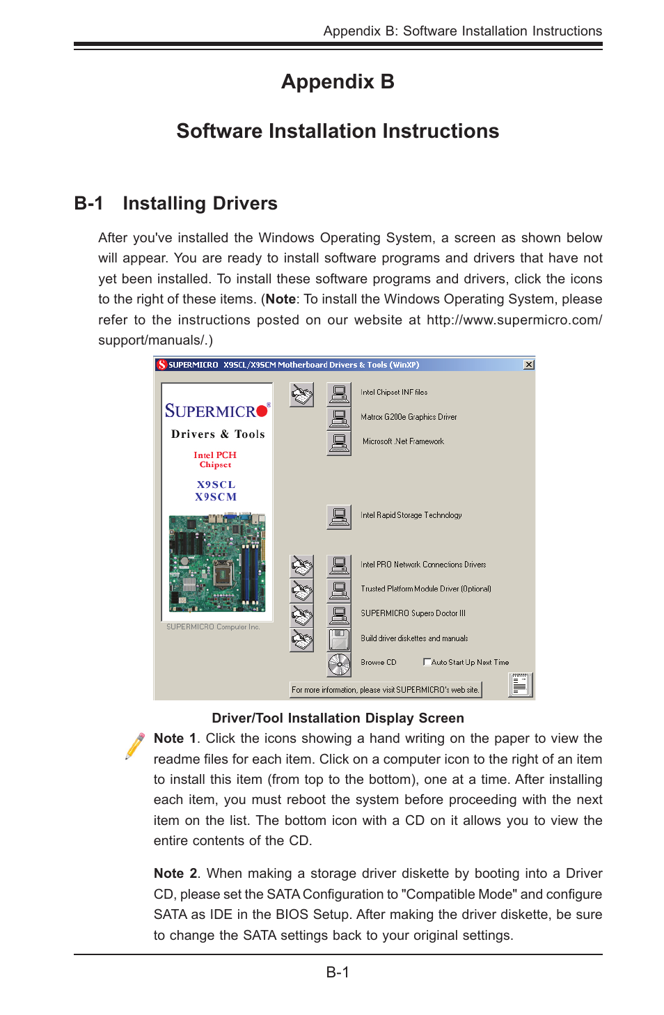 Appendix b software installation instructions, B-1 installing drivers | Kontron X9SCL+-F User Manual | Page 97 / 105
