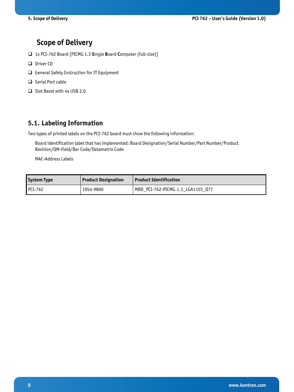 Scope of delivery, Labeling information | Kontron KISS 2U PCI 762 User Manual | Page 10 / 84