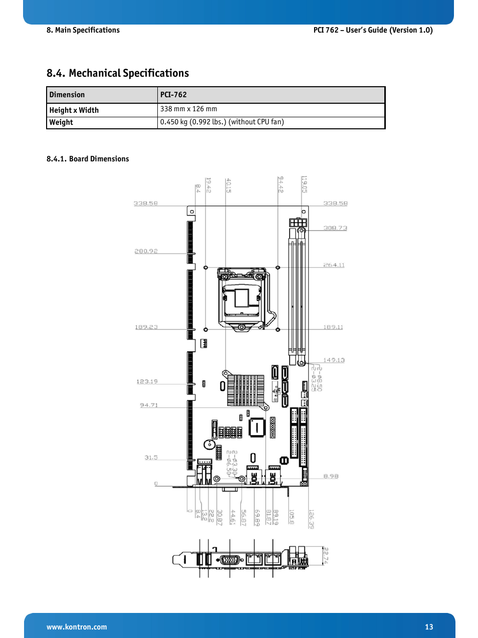 Mechanical specifications, Board dimensions | Kontron KISS 2U PCI 762 User Manual | Page 15 / 84