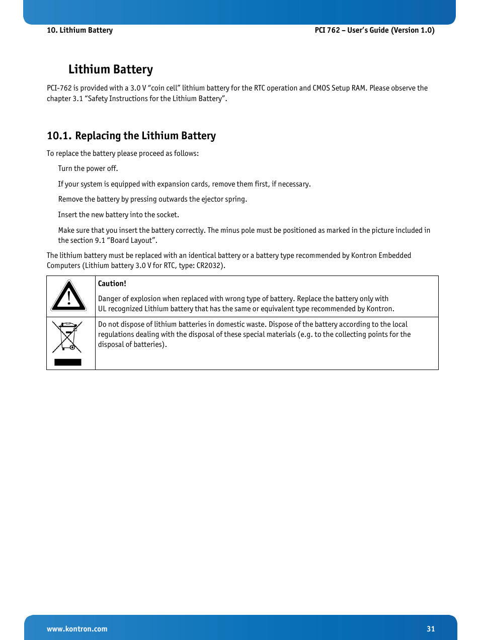 Lithium battery, Replacing the lithium battery | Kontron KISS 2U PCI 762 User Manual | Page 33 / 84