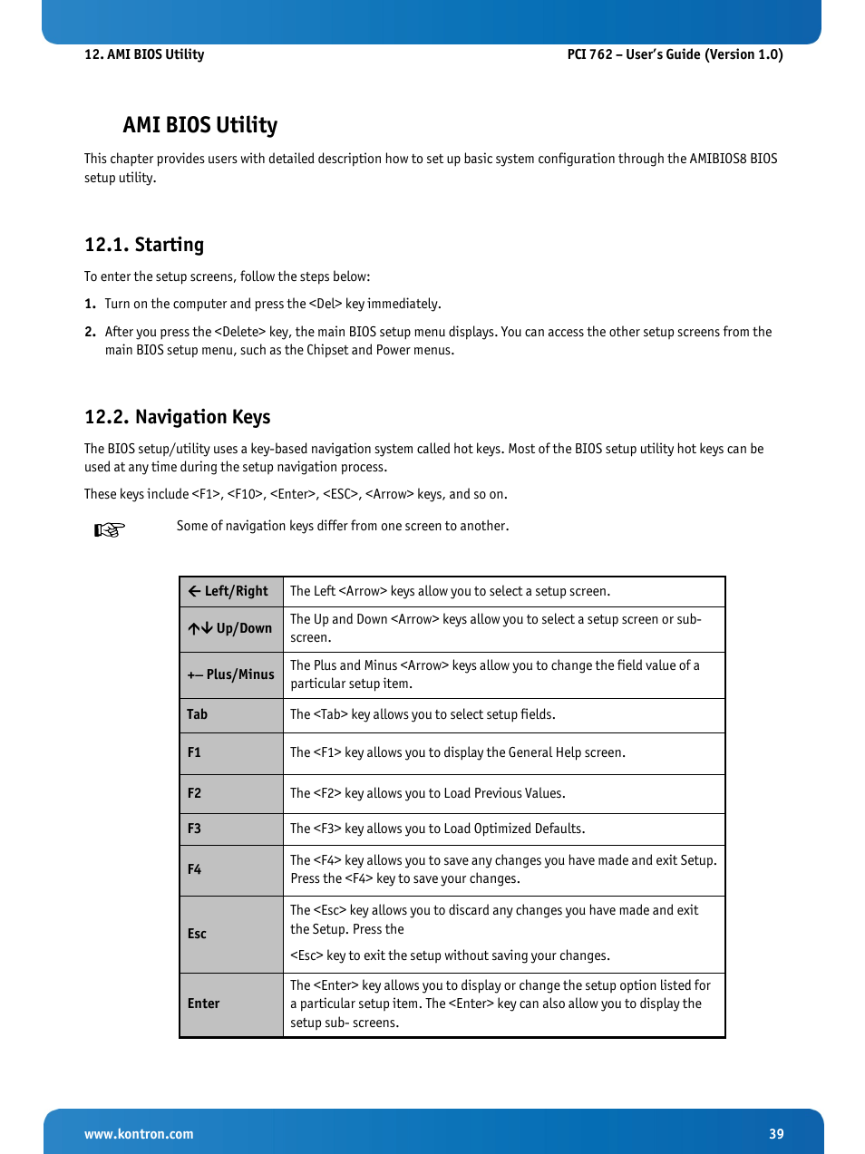 Ami bios utility, Starting, Navigation keys | Kontron KISS 2U PCI 762 User Manual | Page 41 / 84