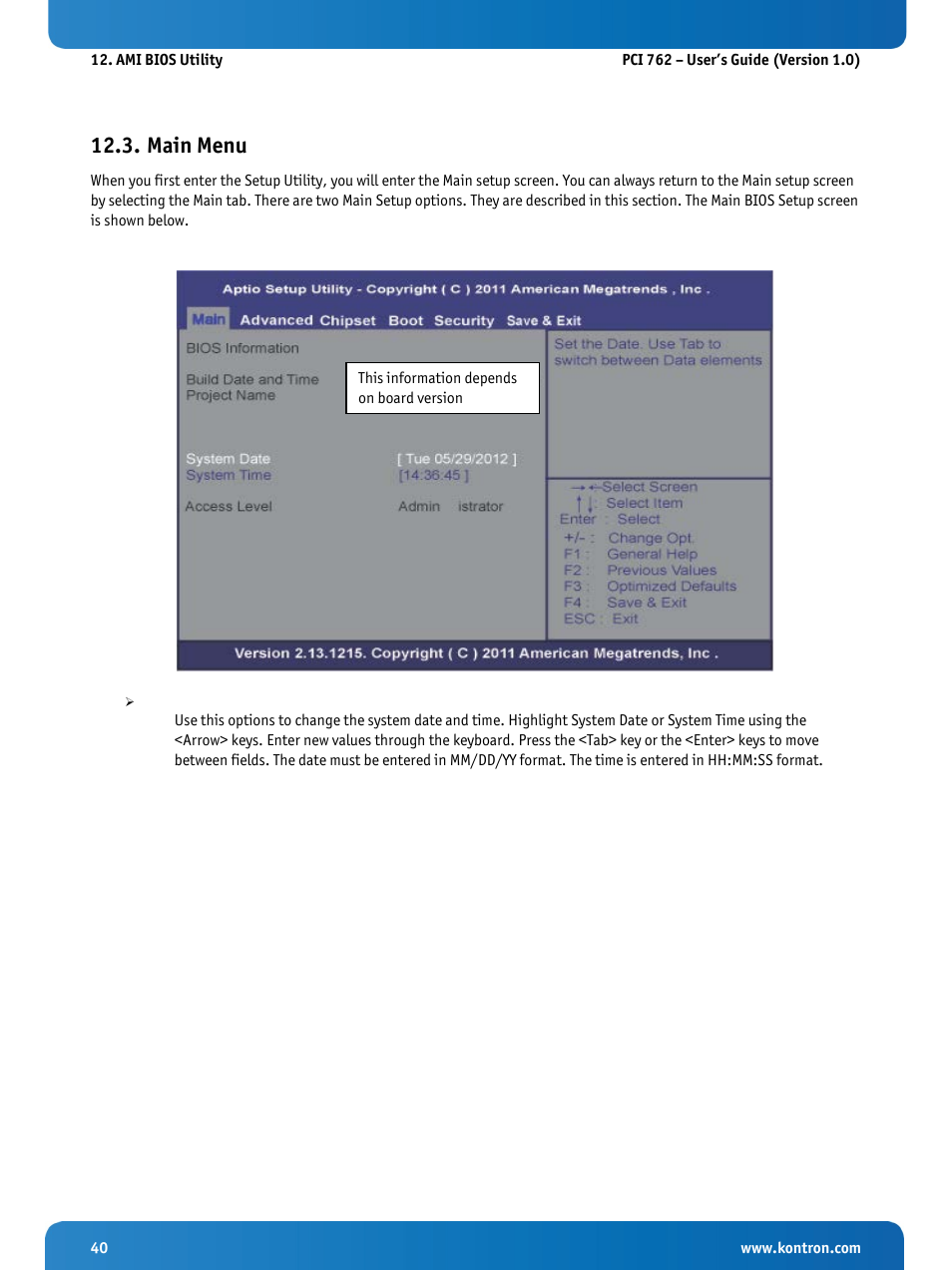 Main menu | Kontron KISS 2U PCI 762 User Manual | Page 42 / 84