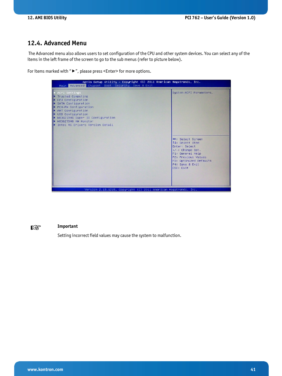 Advanced menu | Kontron KISS 2U PCI 762 User Manual | Page 43 / 84