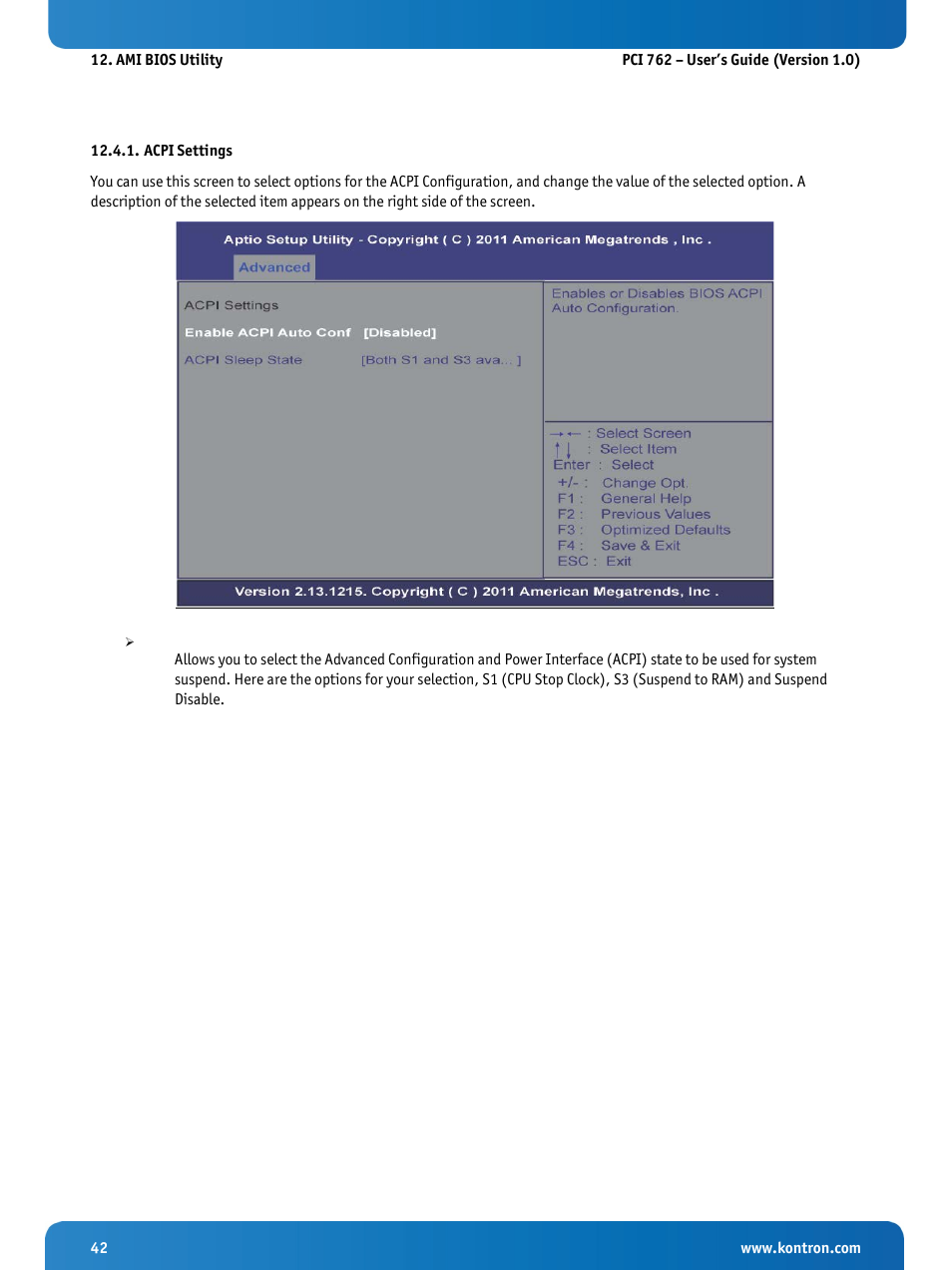 Acpi settings | Kontron KISS 2U PCI 762 User Manual | Page 44 / 84