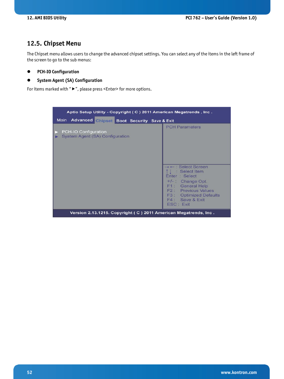 Chipset menu | Kontron KISS 2U PCI 762 User Manual | Page 54 / 84