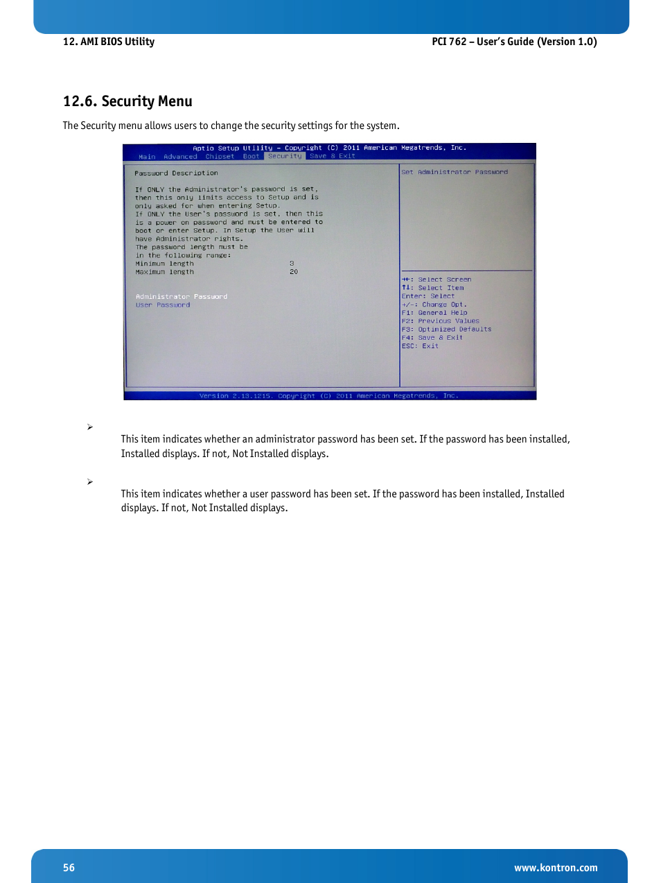 Security menu | Kontron KISS 2U PCI 762 User Manual | Page 58 / 84