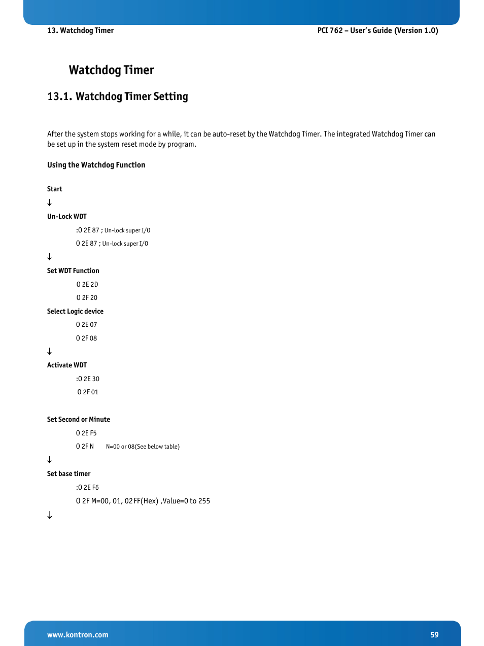 Watchdog timer, Watchdog timer setting | Kontron KISS 2U PCI 762 User Manual | Page 61 / 84