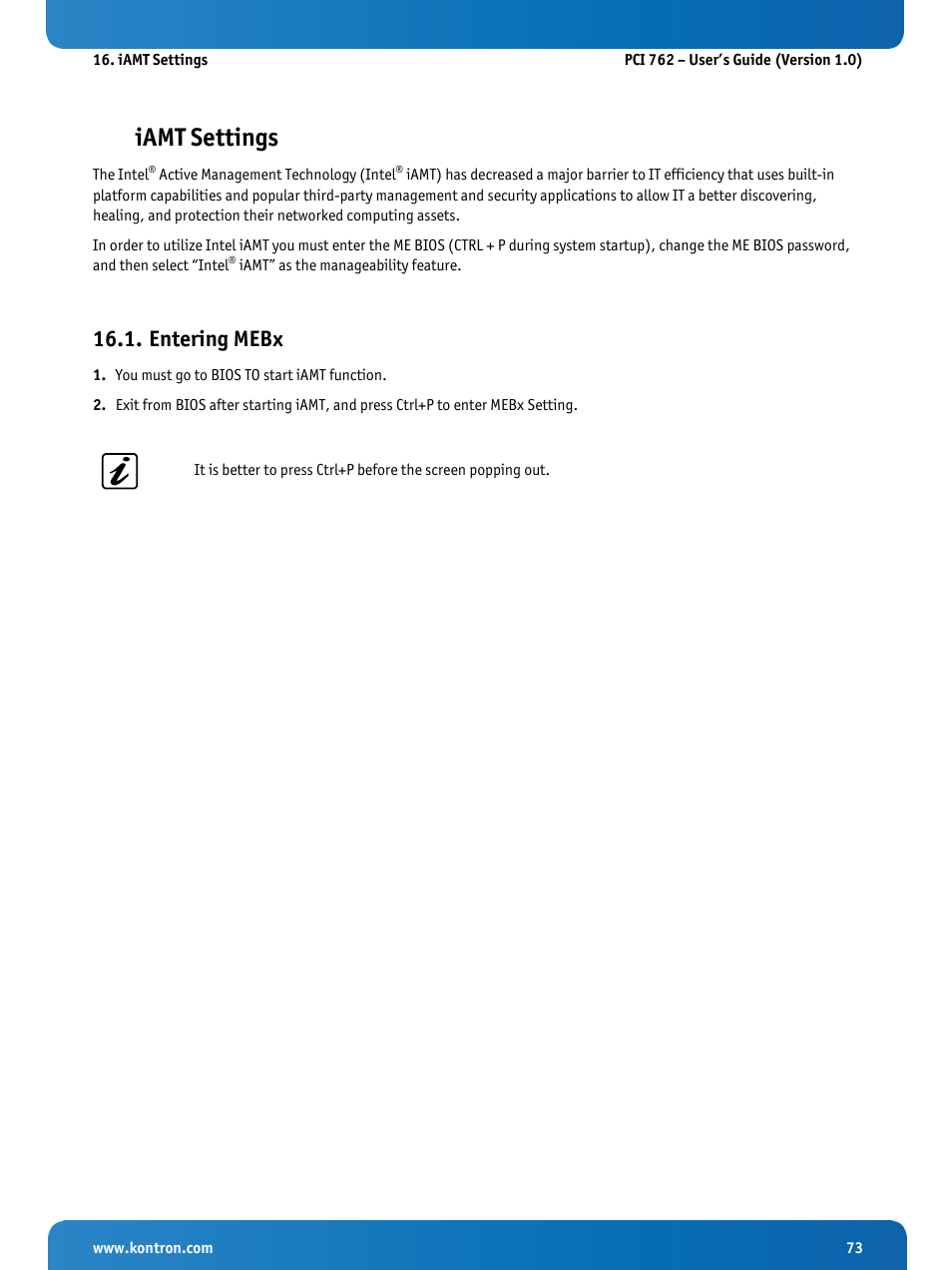 Iamt settings, Entering mebx | Kontron KISS 2U PCI 762 User Manual | Page 75 / 84