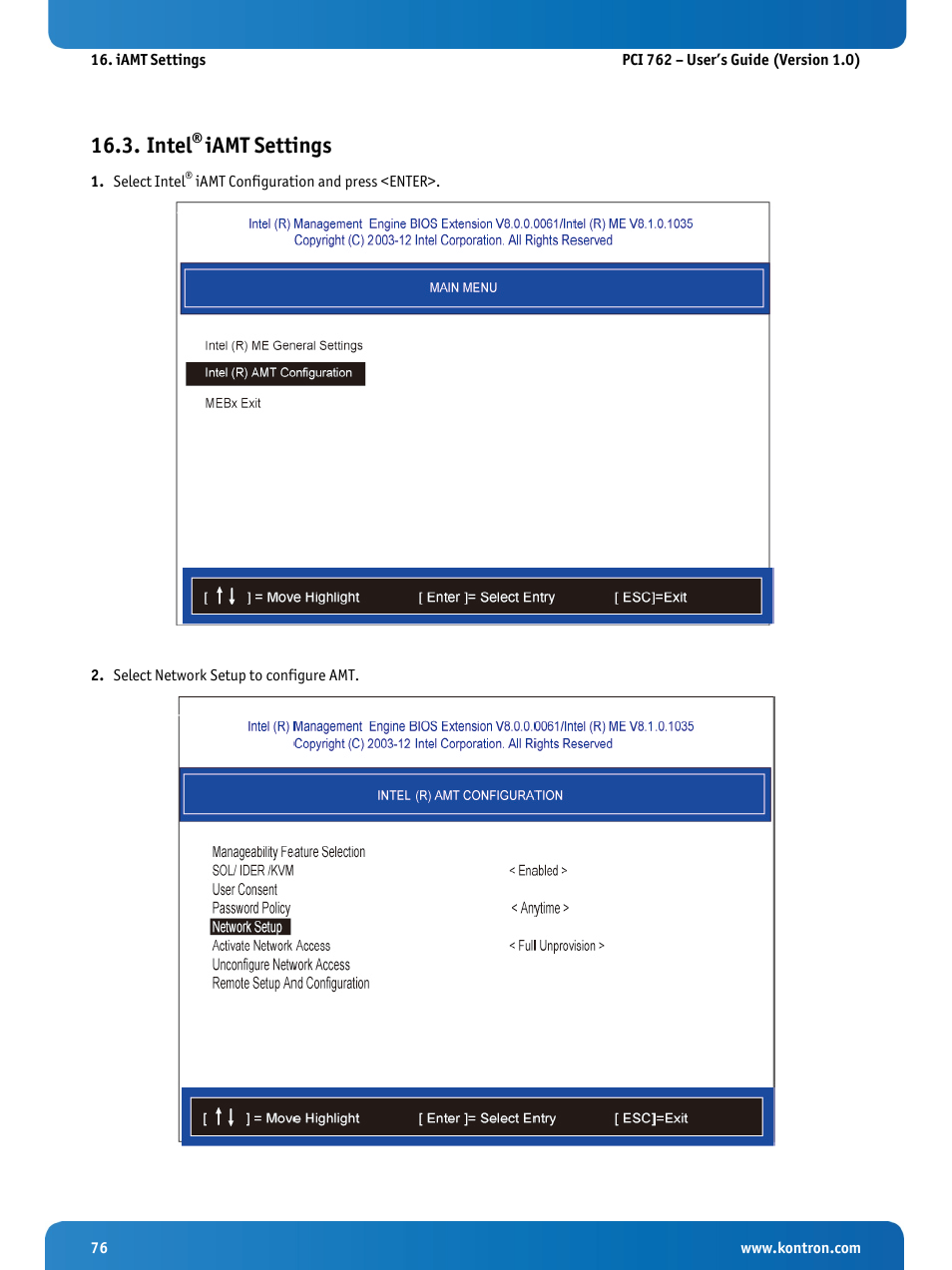 Intel® iamt settings, Intel, Iamt settings | Kontron KISS 2U PCI 762 User Manual | Page 78 / 84