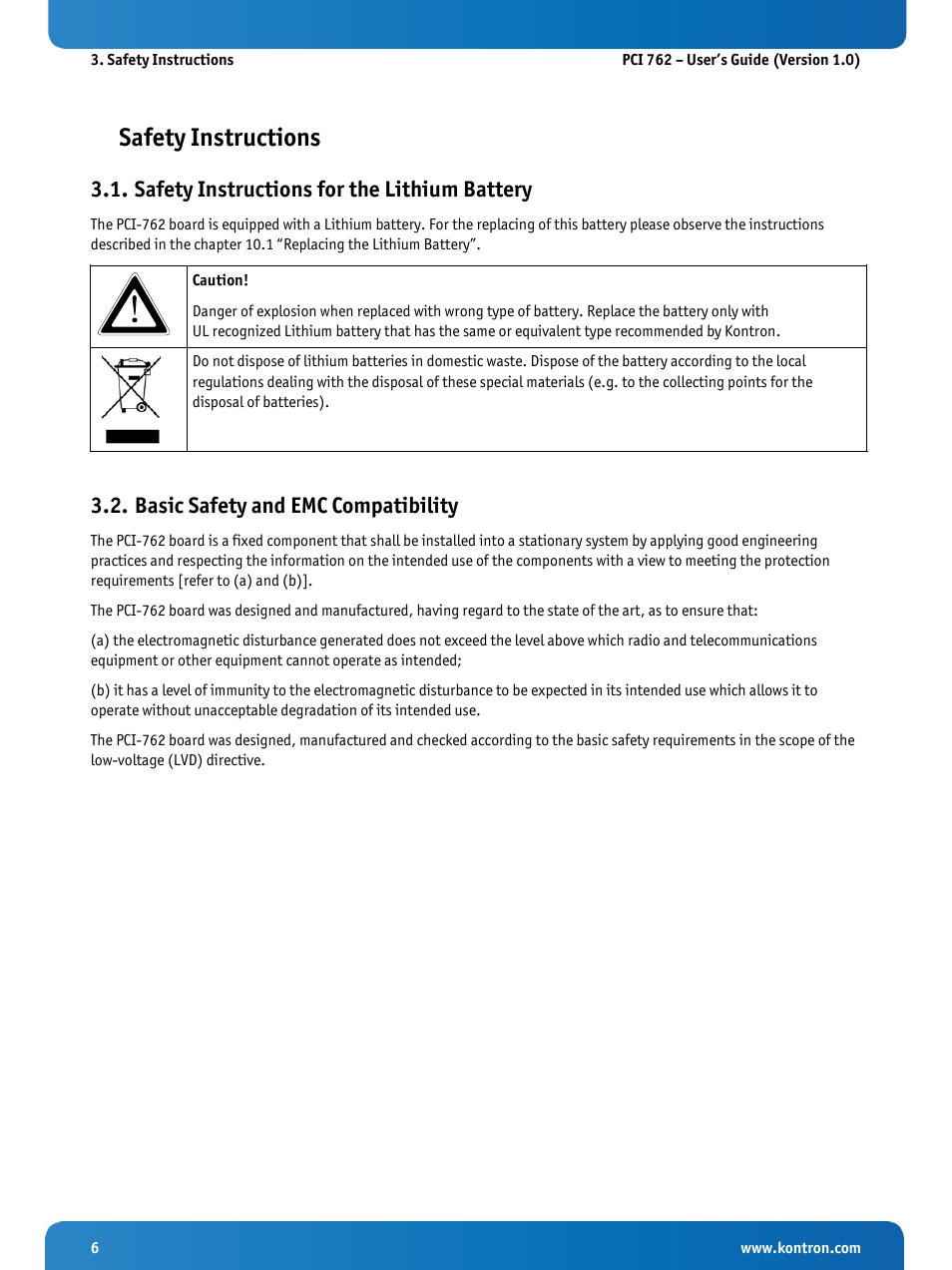 Safety instructions, Safety instructions for the lithium battery, Basic safety and emc compatibility | Kontron KISS 2U PCI 762 User Manual | Page 8 / 84