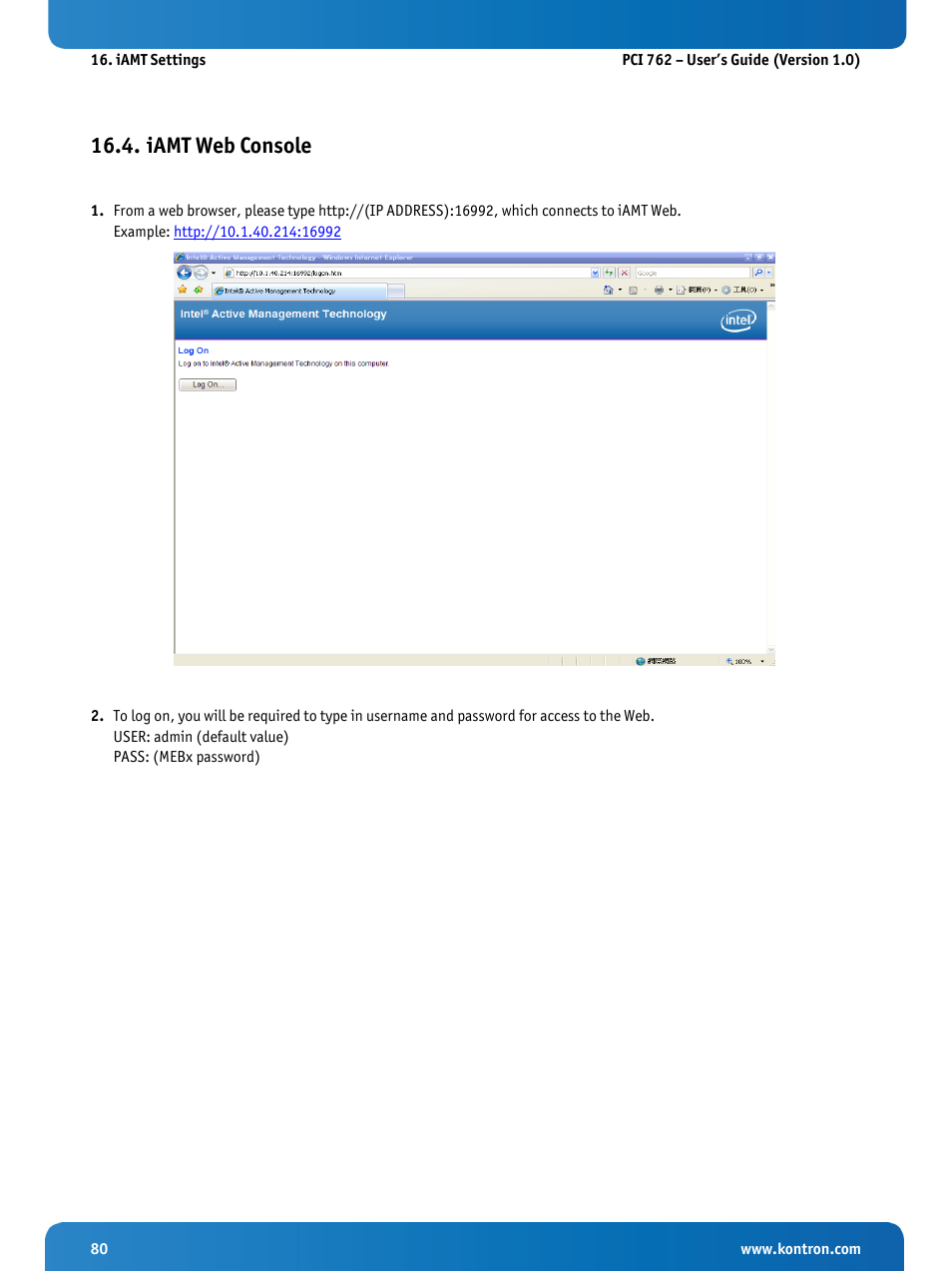 Iamt web console | Kontron KISS 2U PCI 762 User Manual | Page 82 / 84