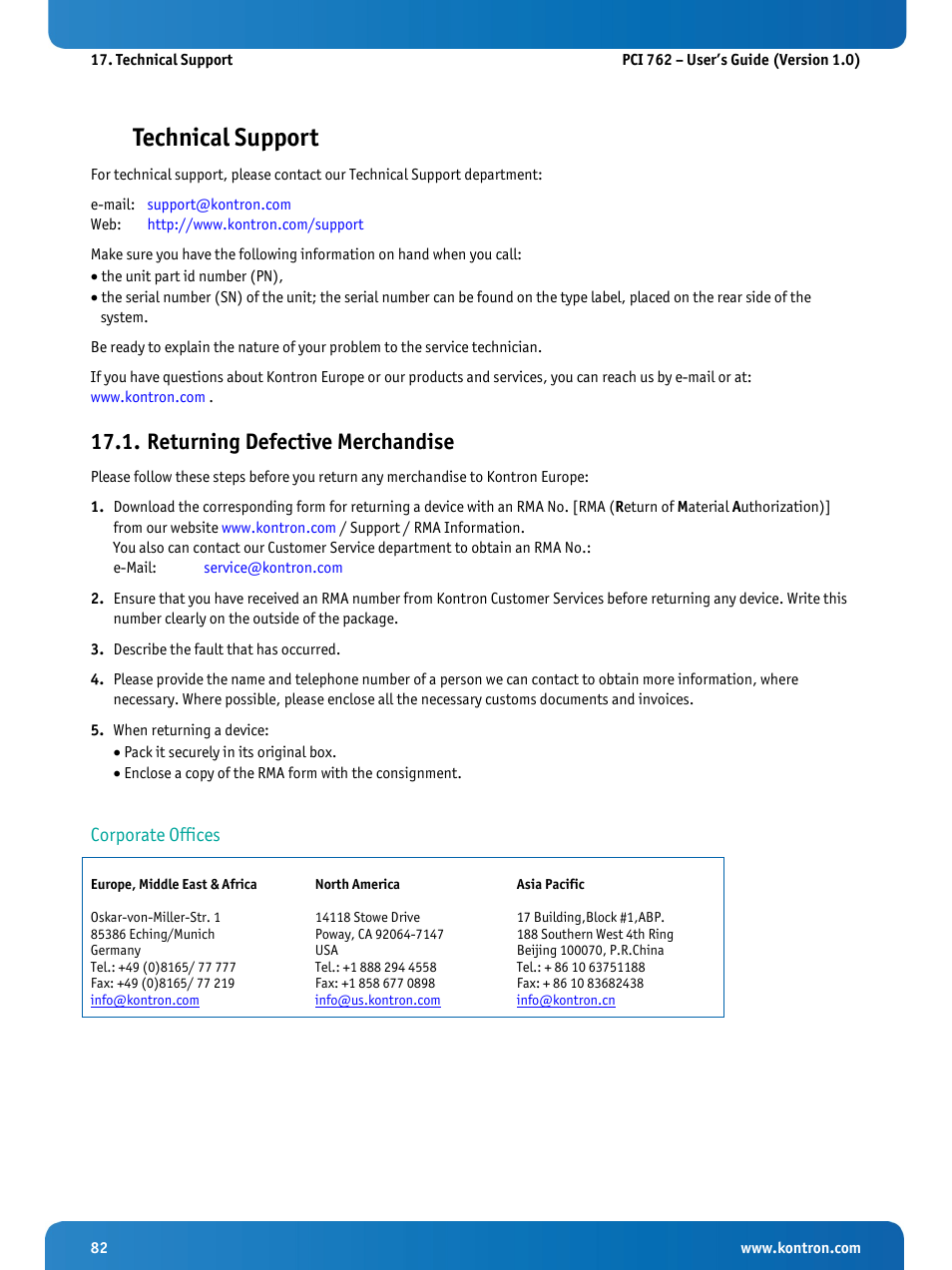 Technical support, Returning defective merchandise, Corporate offices | Kontron KISS 2U PCI 762 User Manual | Page 84 / 84