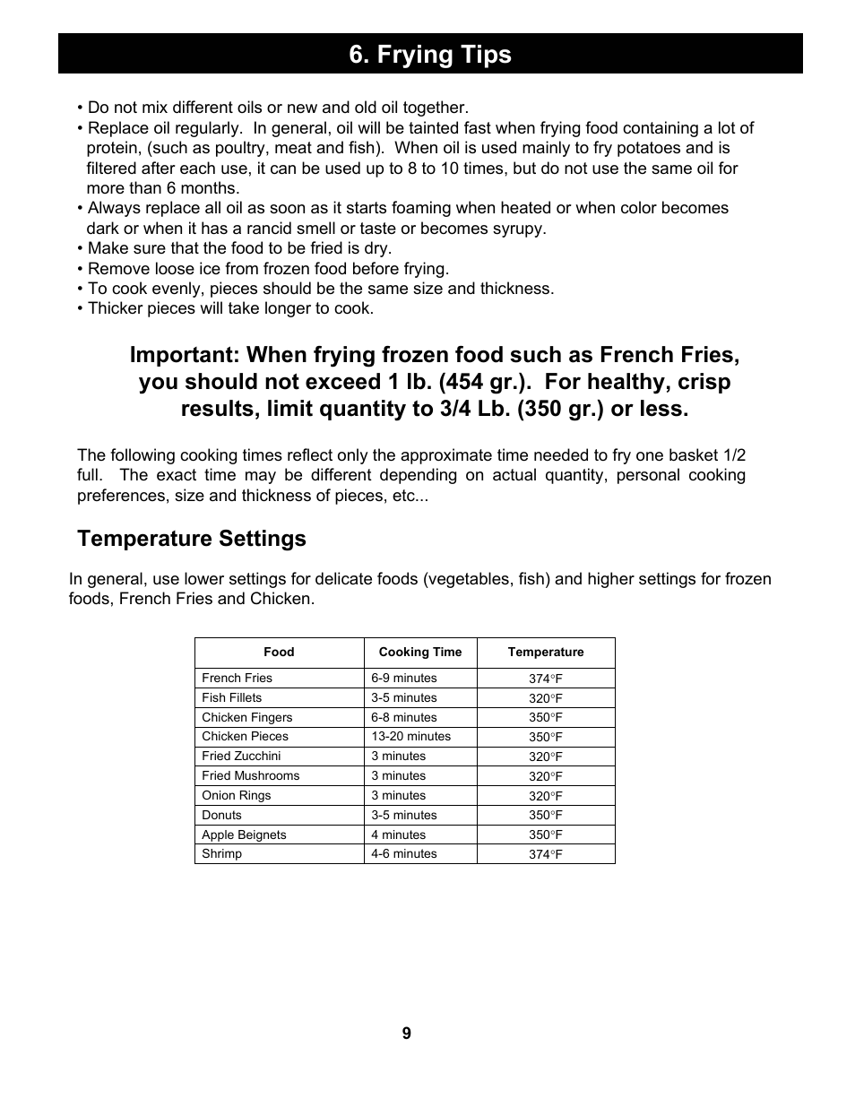 Frying tips, Temperature settings | Bravetti PLATINUM PRO EP65 User Manual | Page 11 / 14