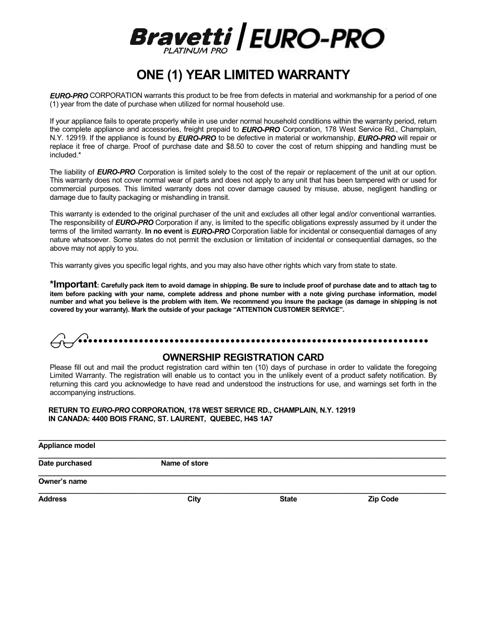 One (1) year limited warranty | Bravetti PLATINUM PRO EP65 User Manual | Page 14 / 14
