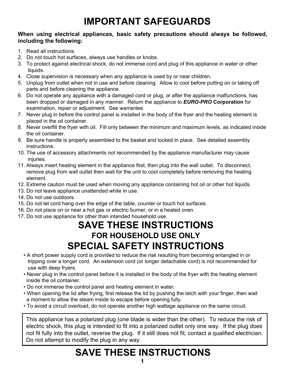 Important safeguards, Save these instructions, Special safety instructions | For household use only | Bravetti PLATINUM PRO EP65 User Manual | Page 2 / 14