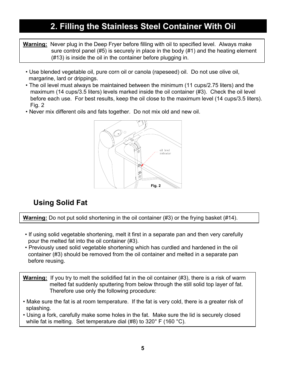 Filling the stainless steel container with oil, Using solid fat | Bravetti PLATINUM PRO EP65 User Manual | Page 6 / 14