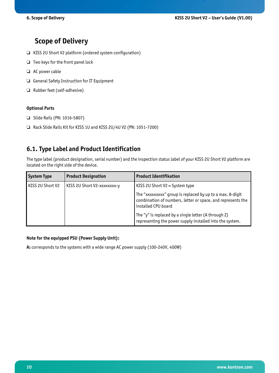 Scope of delivery, Type label and product identification | Kontron KISS 2U Short KTQ67 User Manual | Page 12 / 48