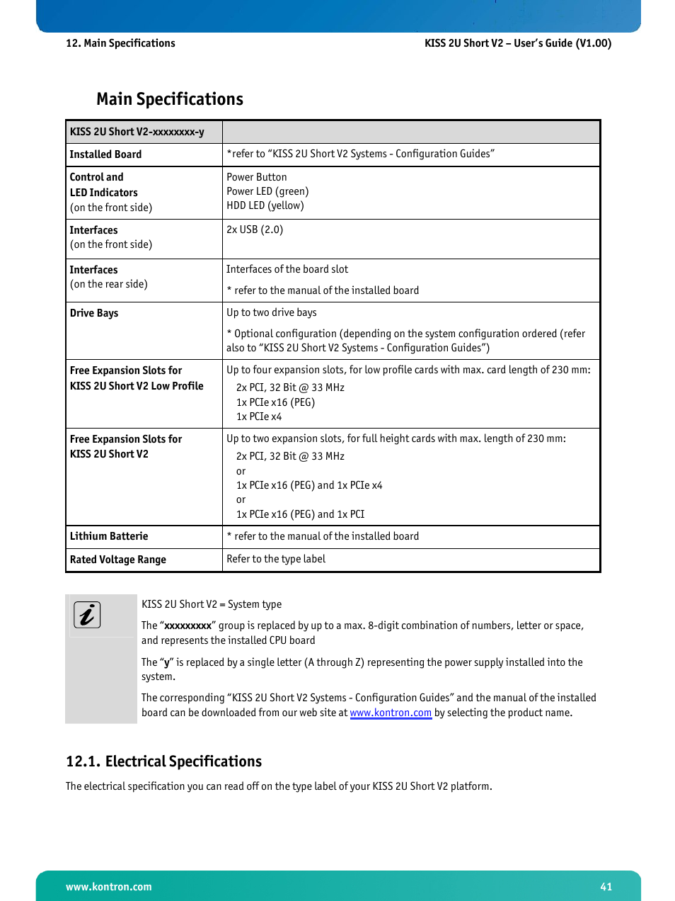 Main specifications, Electrical specifications | Kontron KISS 2U Short KTQ67 User Manual | Page 43 / 48