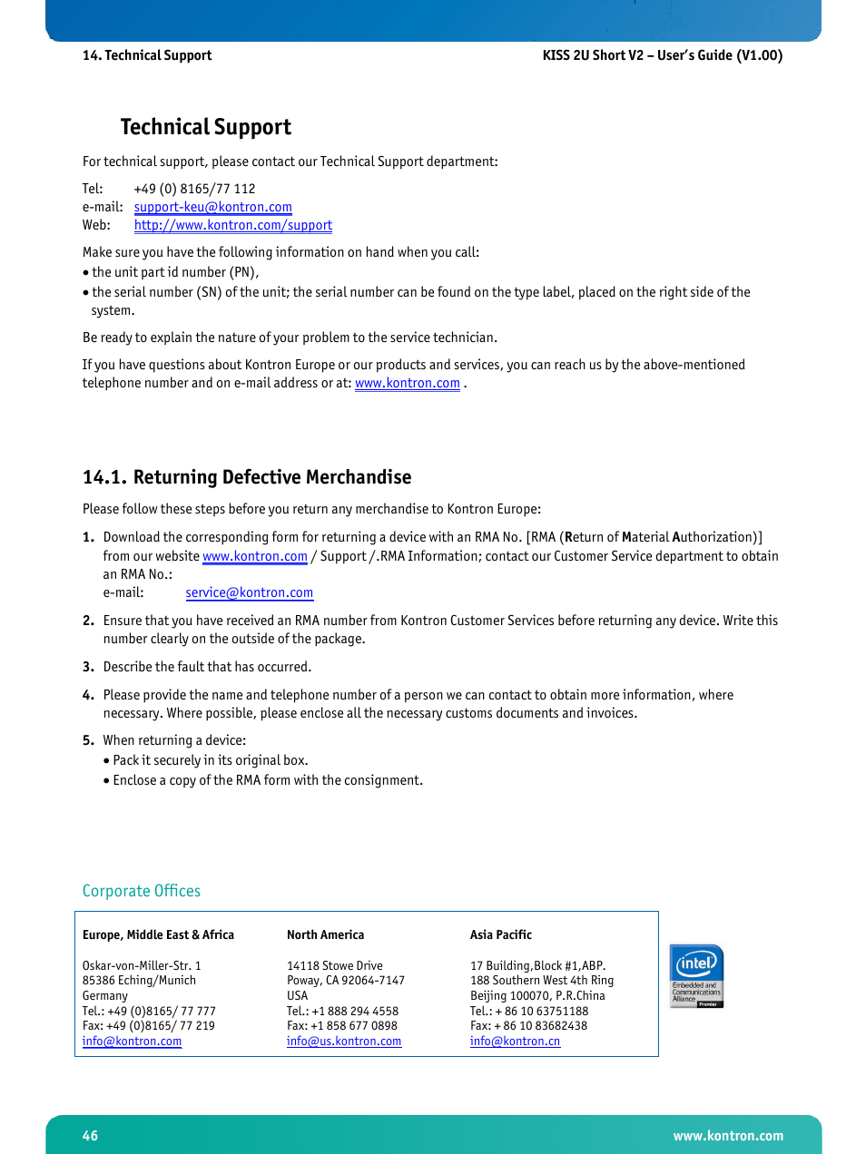 Technical support, Returning defective merchandise | Kontron KISS 2U Short KTQ67 User Manual | Page 48 / 48