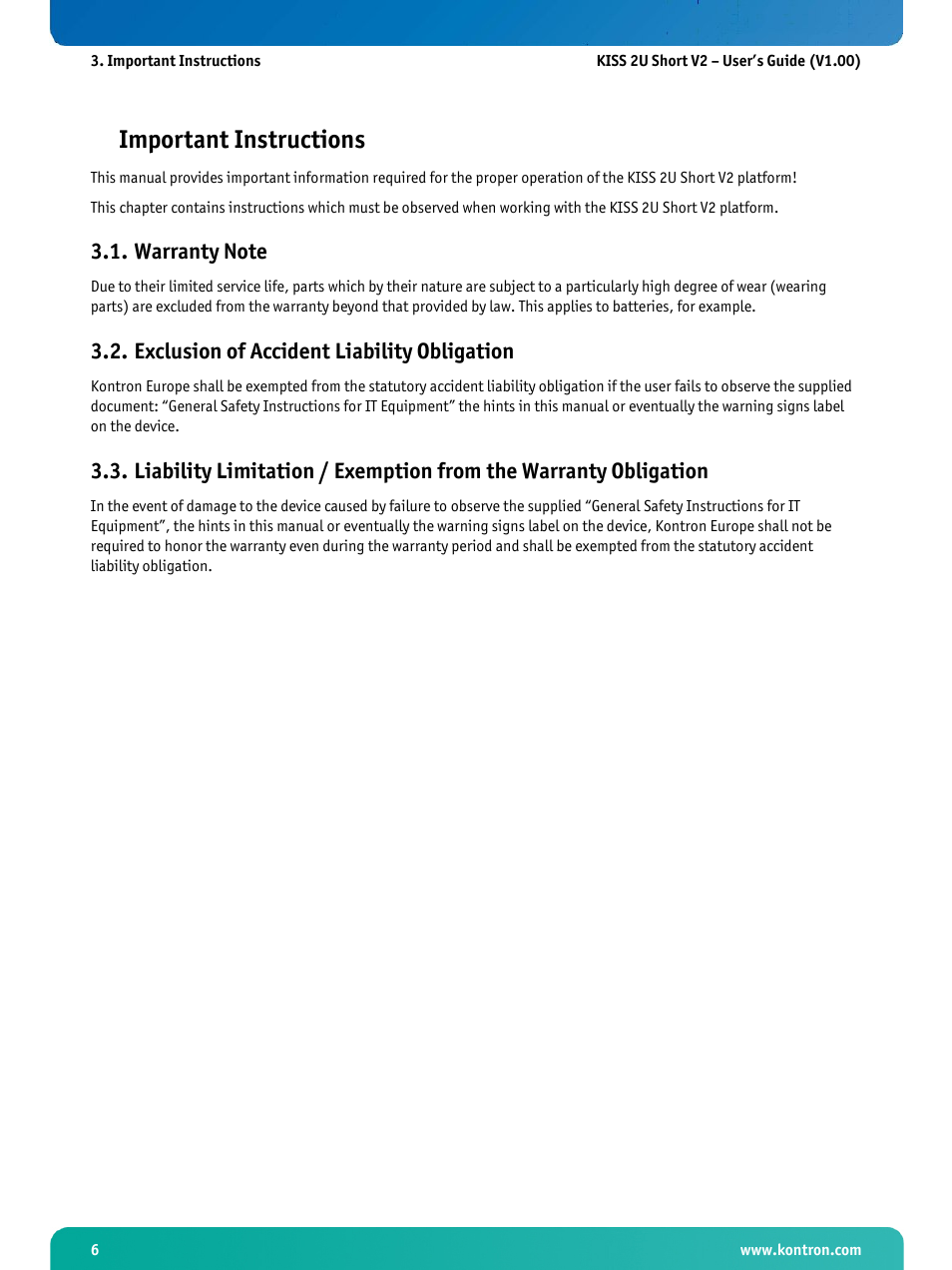 Important instructions, Warranty note, Exclusion of accident liability obligation | Kontron KISS 2U Short KTQ67 User Manual | Page 8 / 48