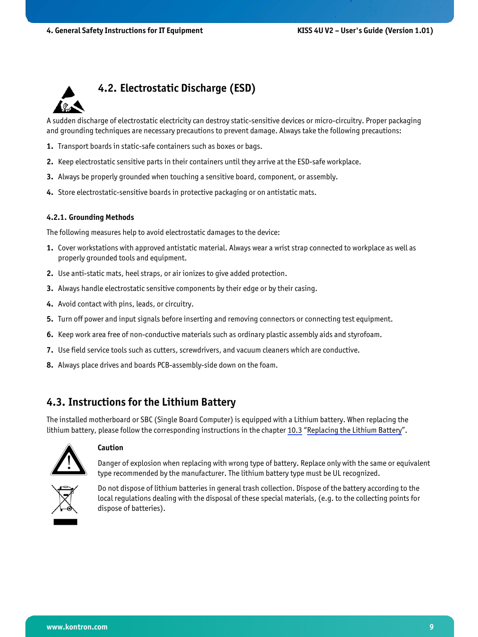 Electrostatic discharge (esd), Grounding methods, Instructions for the lithium battery | Kontron KISS 4U X9SCAF User Manual | Page 10 / 51