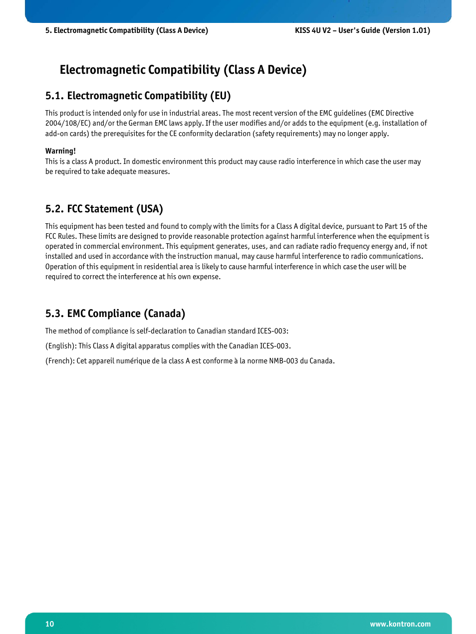 Electromagnetic compatibility (class a device), Electromagnetic compatibility (eu), Fcc statement (usa) | Emc compliance (canada) | Kontron KISS 4U X9SCAF User Manual | Page 11 / 51