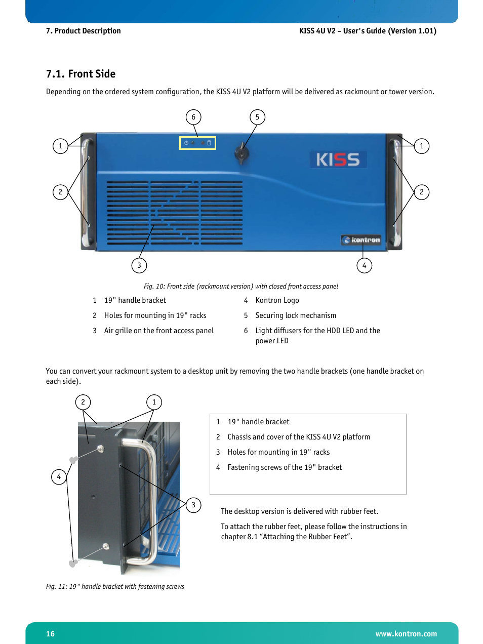 Front side, Fig. 11: 19" handle bracket with fastening screws | Kontron KISS 4U X9SCAF User Manual | Page 17 / 51