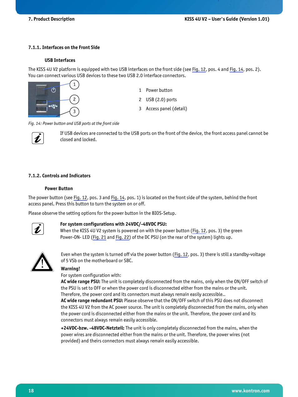 Interfaces on the front side, Controls and indicators | Kontron KISS 4U X9SCAF User Manual | Page 19 / 51