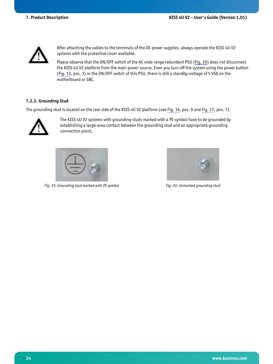 Grounding stud, Fig. 23: grounding stud marked with pe symbol, Fig. 24: unmarked grounding stud | Kontron KISS 4U X9SCAF User Manual | Page 25 / 51