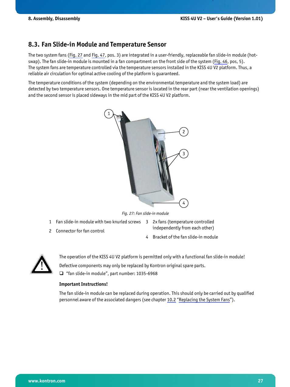 Fan slide-in module and temperature sensor, Fig. 27: fan slide-in module | Kontron KISS 4U X9SCAF User Manual | Page 28 / 51