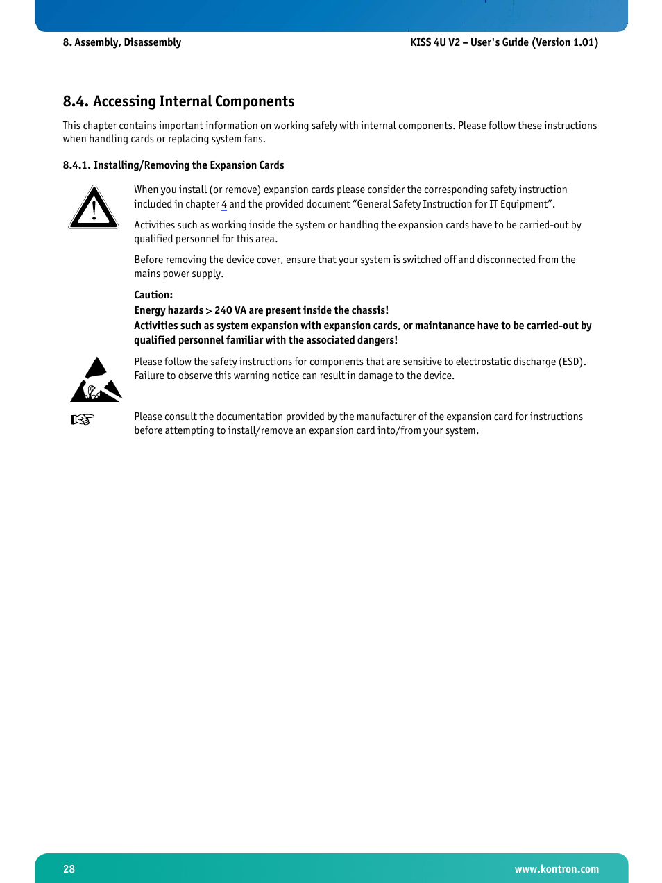 Accessing internal components, Installing/removing the expansion cards | Kontron KISS 4U X9SCAF User Manual | Page 29 / 51