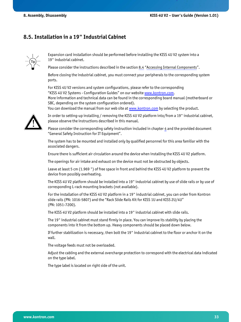 Installation in a 19" industrial cabinet | Kontron KISS 4U X9SCAF User Manual | Page 34 / 51