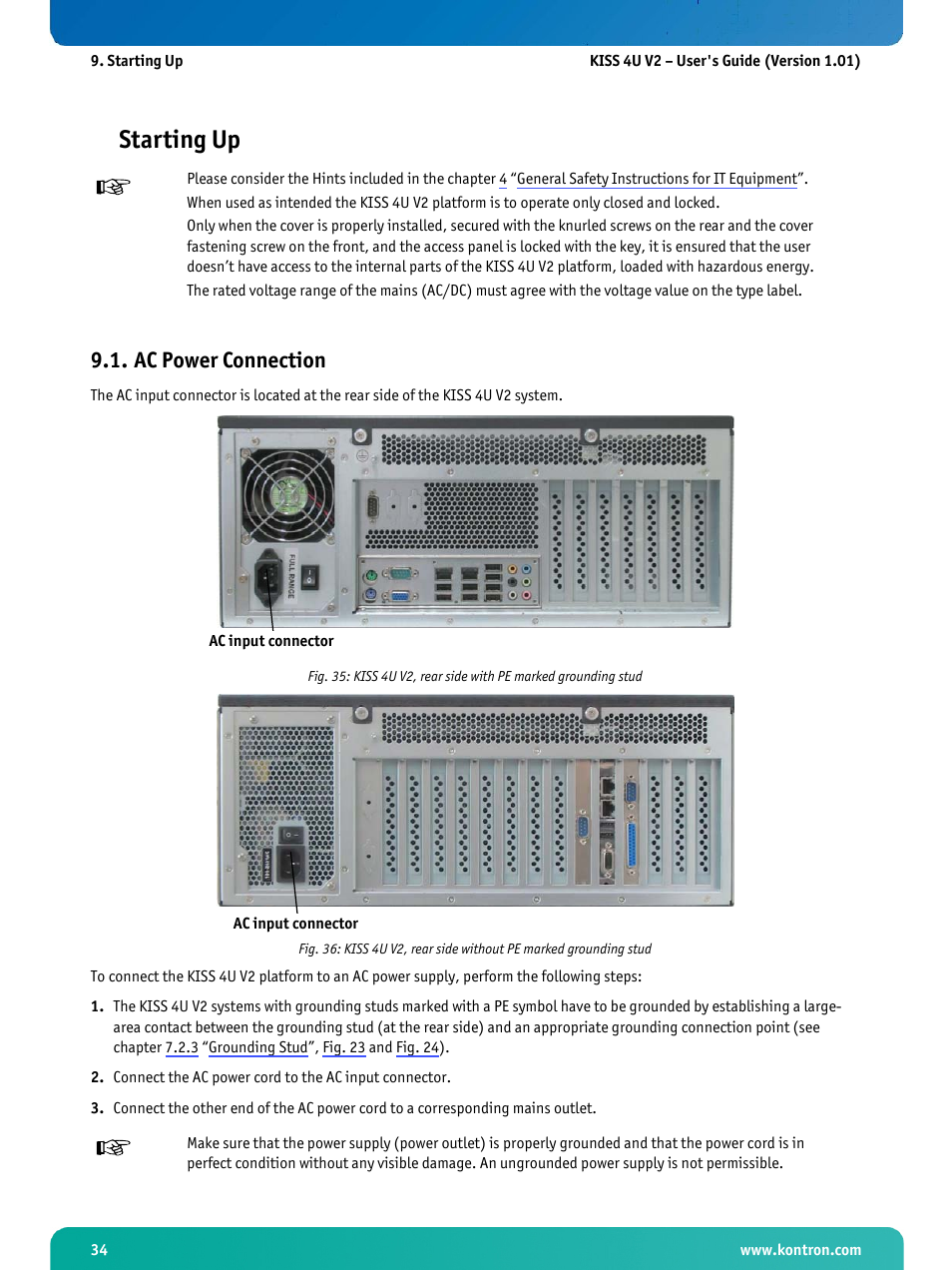 Starting up, Ac power connection | Kontron KISS 4U X9SCAF User Manual | Page 35 / 51