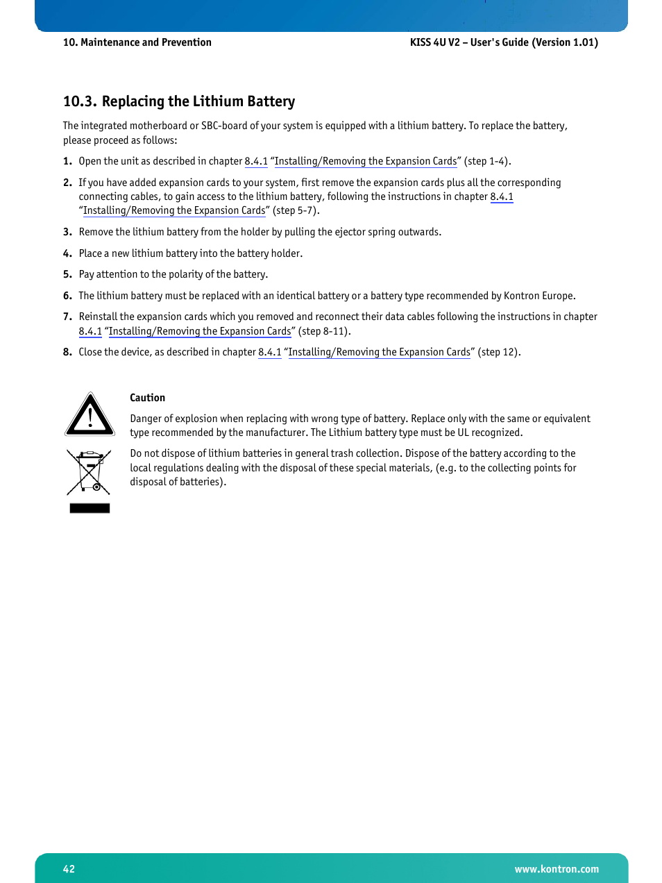 Replacing the lithium battery | Kontron KISS 4U X9SCAF User Manual | Page 43 / 51