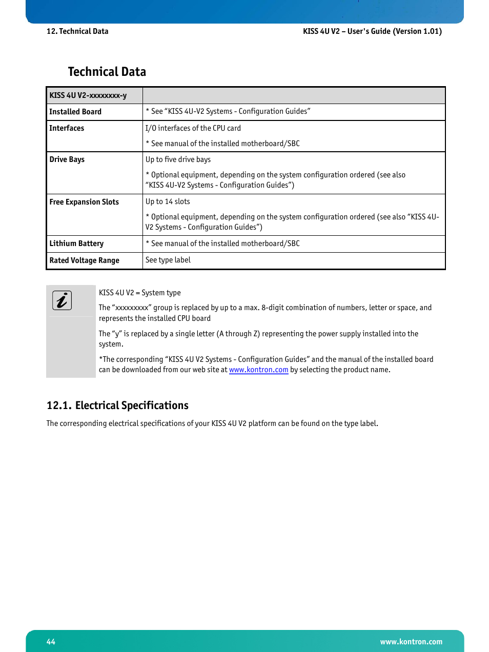 Technical data, Electrical specifications | Kontron KISS 4U X9SCAF User Manual | Page 45 / 51