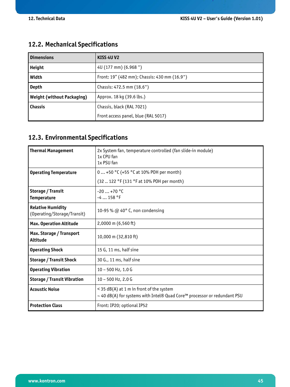 Mechanical specifications, Environmental specifications | Kontron KISS 4U X9SCAF User Manual | Page 46 / 51