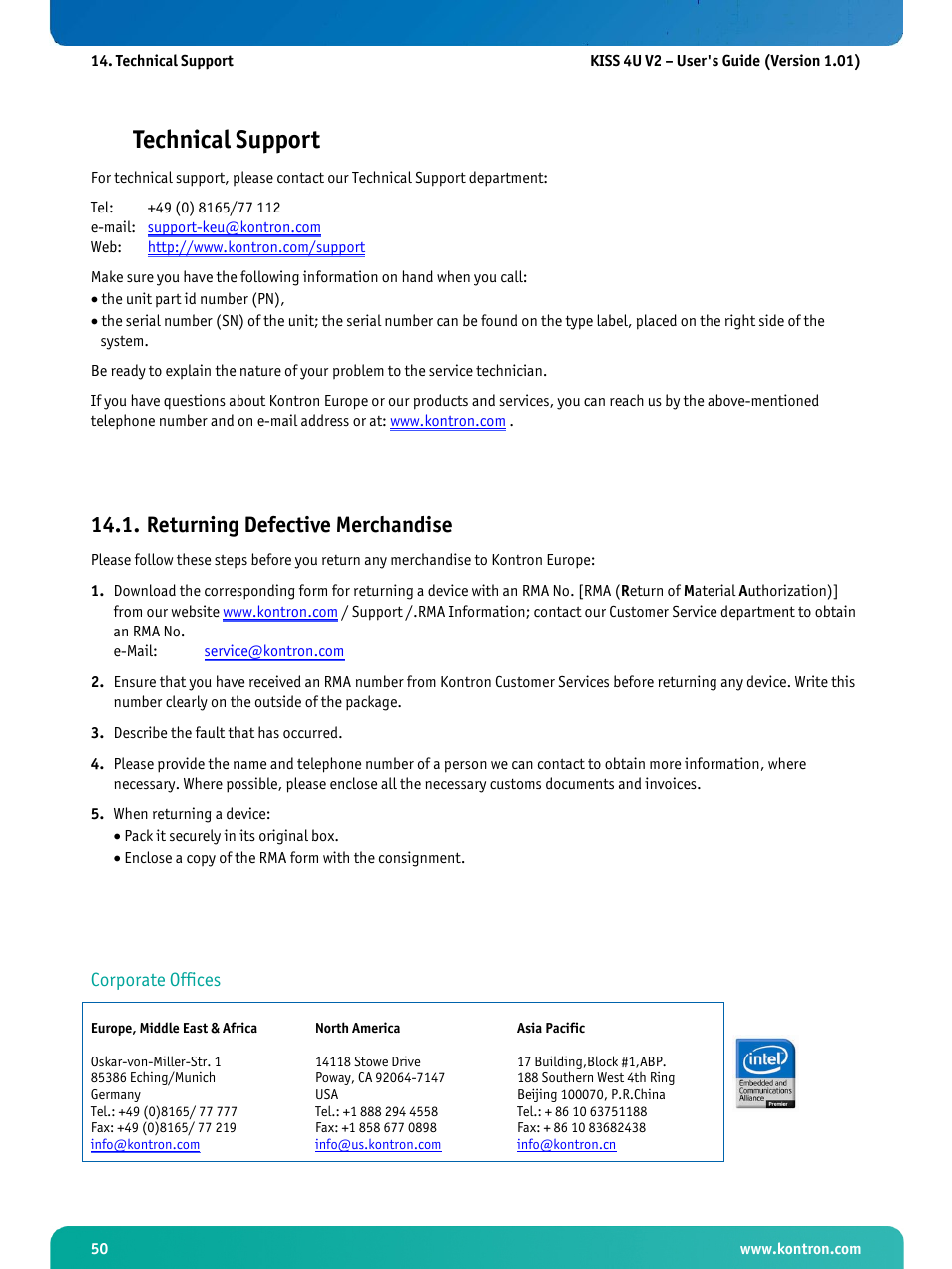 Technical support, Returning defective merchandise | Kontron KISS 4U X9SCAF User Manual | Page 51 / 51